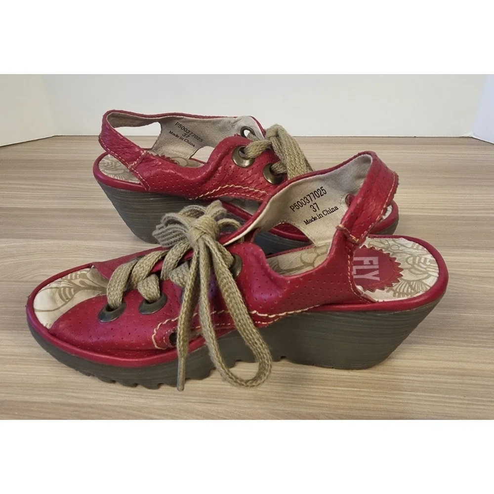 Fly London Yito Women Sz‎ 37 Red Patent Leather Wedge Open Toe Sandals US Sz 6.5